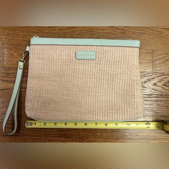 Nanette Lepore Woven Straw Wristlet Pouch - Mint Green Trim Summer Clutch - Picture 10 of 11